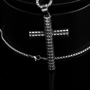Solid punk style stainless steel cross pendant necklace with textured square relief design