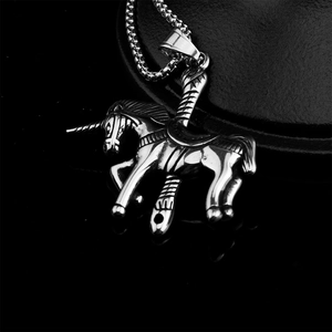 Gothic punk unicorn carousel pendant necklace in polished stainless steel for men