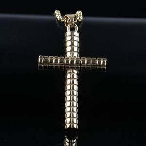 Men's gold solid stainless steel cross pendant with checkered texture and bead chain