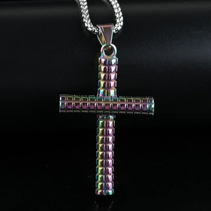 Rainbow plated stainless steel cross pendant with 3D grid texture on bead chain