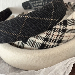 Retro plaid and cream velvet padded headbands for women with high-crown sponge texture