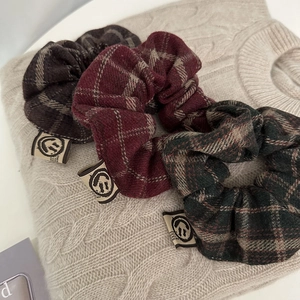 British style plaid scrunchies set in dark brown, burgundy, and forest green fabric