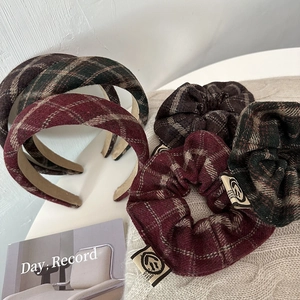 British style plaid headband and scrunchie set in burgundy and green wool fabric