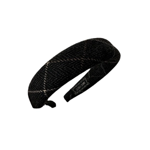 Retro black knit plaid headband with wide sponge design for a textured high crown look