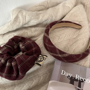 British style wine red plaid headband and scrunchie set on a beige knit sweater background