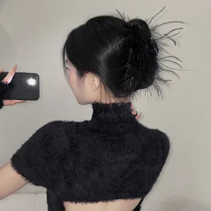 Elegant large black ostrich feather hair claw clip for women's autumn winter styling