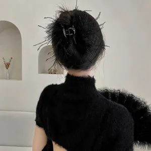 Korean Style Ostrich Feather Hair Claw Clip Elegant Large Plush Shark Clip For Women Daily Party Elegant Hair Accessories