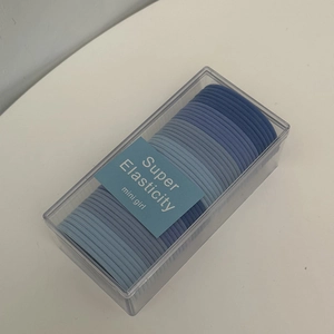 Detail view of blue high elasticity hair bands set in a clear storage box with labels