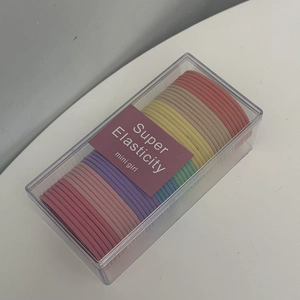 Detailed view of colorful elastic hair bands in a transparent storage box with a purple card