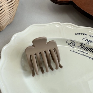 Close-up of matte coffee hair claw clip on vintage ceramic plate in a cozy setting