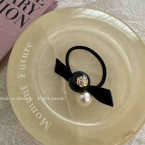 Vintage camellia pearl hair tie with black velvet bow and golden rose decoration