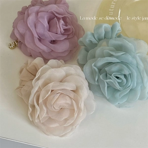 Women Elegant Large Rose Flower Mesh Scrunchies Organza Hair Ring With Artificial Pearl Letter Pendant Korean Style Hair Accessories