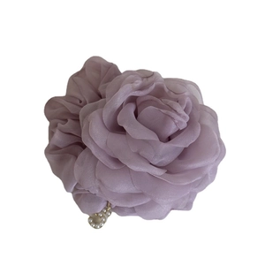 Chiffon rose hair scrunchie in lavender purple with a gold faux pearl letter C pendant