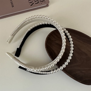 Elegant thin double-layer satin pearl headbands in black and cream white finish