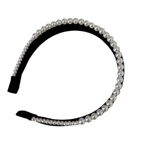 Elegant double-layered headband with white pearls on black satin wrap for women