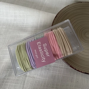 Detailed close-up of colorful seamless elastic hair ties set in a transparent box