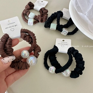 French Style Pleated Fabric Scrunchies Iridescent Artificial Pearl Bead Decor Elastic Hair Ties For Women Daily Accessories