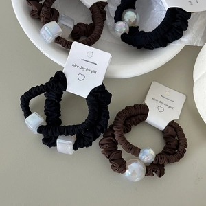 French style scrunchie set with black and coffee colors featuring iridescent bead charms