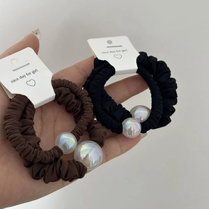 French style brown and black hair scrunchies set with iridescent pearl bead accents