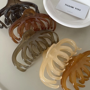 Macro shot of large translucent resin claw clips in various elegant earthy tones