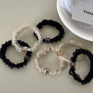 5-piece set of sheer organza hair scrunchies with faceted cube beads in black and beige
