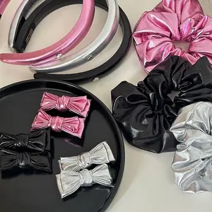 Ensemble d'Accessoires Cheveux en Cuir PU Métallisé Fait à la Main Chouchous Brillants Barrettes à Nœud Serre-tête Épais pour Femmes Style Doux et Cool