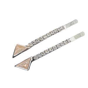Set of two silver metallic triangle hair clips with rhinestones and Lucky engraving