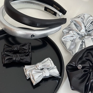 Ensemble de chouchous en cuir noir et argent, serre-têtes et barrettes à nœuds chic