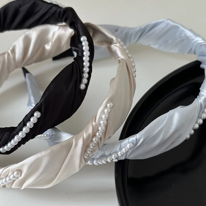 Lot de serre-têtes en satin ondulé avec petites perles en noir, champagne et bleu clair