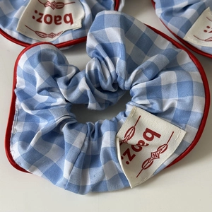 Blau-weiß kariertes Haargummi mit rotem Satin-Rand und Markenetikett aus Stoff