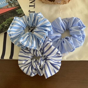Women Fresh Striped Fabric Scrunchie Sweet Blue White Stripe Large Intestine Hair Ring Elastic Ponytail Holder Hair Accessory