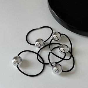 5-piece set of minimalist black elastic hair ties with polished silver metal spheres