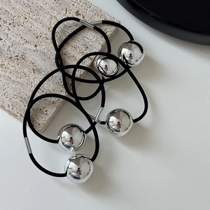 Minimalist elastic hair ties with polished silver metallic beads in a pack of two