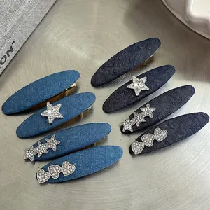 Süße Denim Stil Strass Stern Herz Haarspange Stoff Legierung Entenschnabel Clip Mode Pony Seite Haarschmuck Für Damen