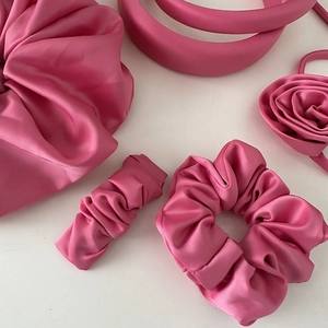 Satin peach pink hair accessory set including scrunchies and rose headband