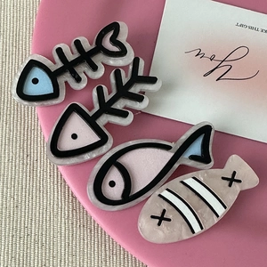 Cute acrylic fish and fishbone hair clips set for women in blue and pink tones