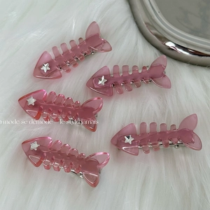 Y2K Pink Fish Bone Hair Clips For Women Girls Star Decoration Sweet Translucent Plastic Style Alloy Duckbill Side Clips Hair Accessories