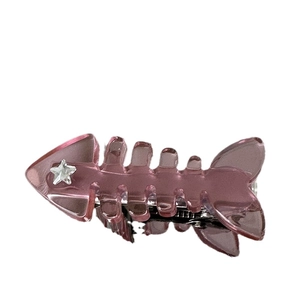 Y2K pink fishbone hair clip with silver star accent and translucent acrylic finish
