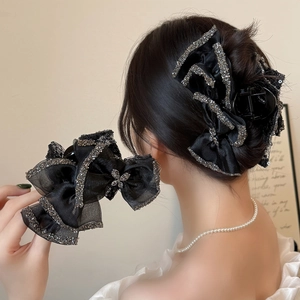 Elegant Black Mesh Bow Hair Claw Clip For Women Shiny Rhinestone Hairpin Large Hair Clamp Party Hair Styling Accessories