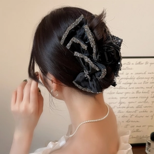 Elegant black satin bow hair claw clip with sparkling rhinestones for women hair styling