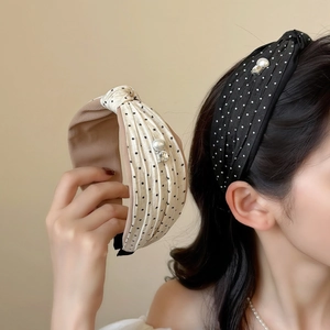 Vintage Polka Dot Wide Knotted Headband Fabric Hairband With Faux Artificial Pearl Rhinestone For Women Elegant Sweet Hair Accessory