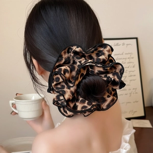 French leopard print satin scrunchie with oversized four-layer design and black piping edges