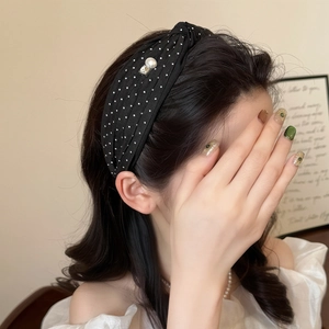 French retro black polka dot wide headband with elegant pearls and sparkling rhinestones