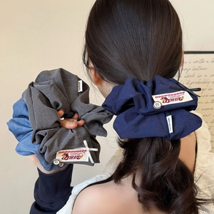 Korean Denim Texture Fabric Scrunchies With Cute Dog Patch Button Bow Handmade Hair Ties For Women Girls Daily Hair Accessories