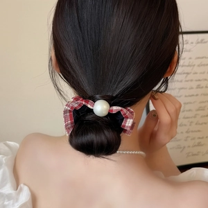 Checkered plaid hair scrunchie with faux pearl accent for elegant ponytail hairstyles