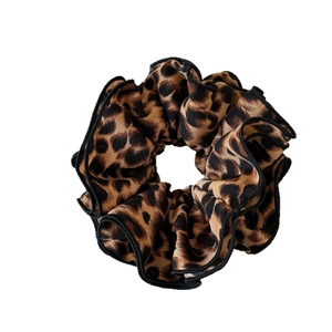 Leopard print layered hair scrunchie with black trim edging for elegant hairstyles