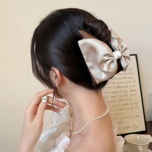 Elegant double-layered bow hair claw clip in beige and brown satin for women hair styling