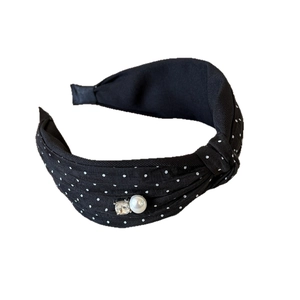 Vintage knotted polka dot headband with oversized pearl and crystal rhinestone detail