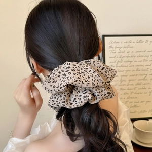 Vintage leopard print scrunchie for women, large elastic hair tie with silk texture