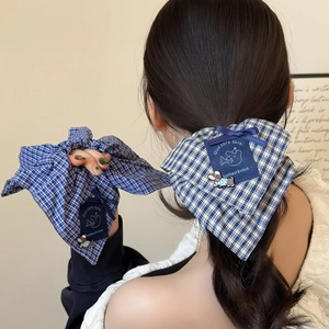 Koreanischer Stil Blau Karierte Stoff Haargummis Mit Süßem Cartoon Welpen Aufnäher Schleife Große Haarbänder Für Damen